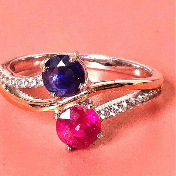 Natural Sapphire & Ruby 14K Gold Plate on 925 Sterling Silver Ring Sz 6.5 - Picture 1 of 6